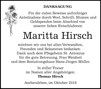Traueranzeige von Maritta Hirsch von Mitteldeutsche Zeitung Aschersleben