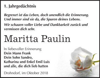 Traueranzeige von Maritta Paulin von Mitteldeutsche Zeitung Aschersleben