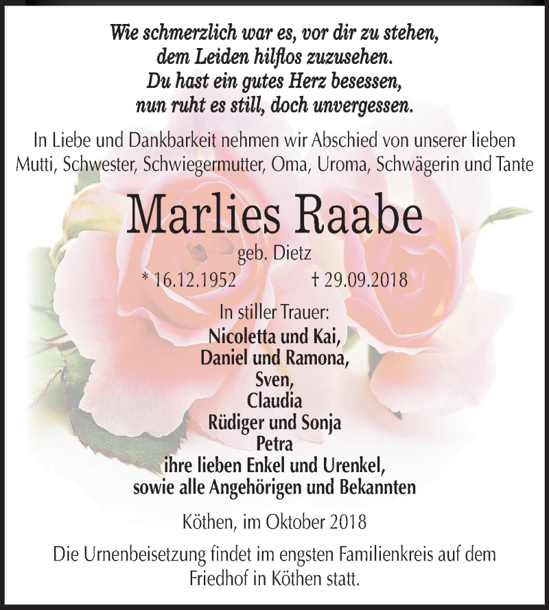  Traueranzeige für Marlies Raabe vom 12.10.2018 aus Mitteldeutsche Zeitung Köthen