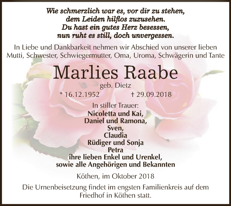  Traueranzeige für Marlies Raabe vom 13.10.2018 aus WVG - Wochenspiegel Dessau / Köthen