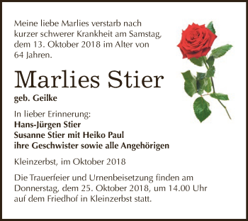 Traueranzeige von Marlies Stier von WVG - Wochenspiegel Dessau / Köthen
