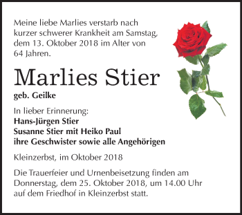 Traueranzeige von Marlies Stier von Mitteldeutsche Zeitung Köthen