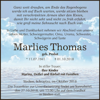 Traueranzeige von Marlies Thomas von Super Sonntag SGH Mansf. Land