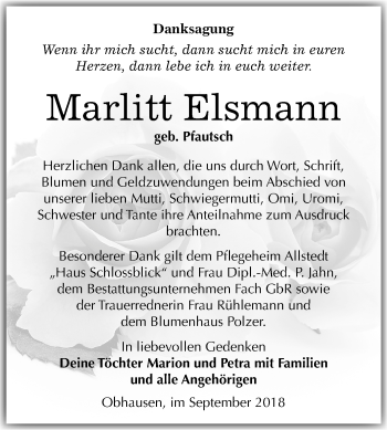 Traueranzeige von Marlitt Elsmann von Mitteldeutsche Zeitung Merseburg/Querfurt