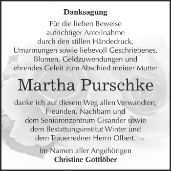 Traueranzeige von Martha Purschke von WVG - Wochenspiegel Bitterfeld