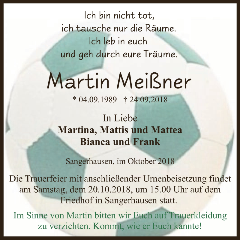  Traueranzeige für Martin Meißner vom 13.10.2018 aus Super Sonntag SGH Mansf. Land