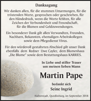 Traueranzeige von Martin Pape von Mitteldeutsche Zeitung Quedlinburg