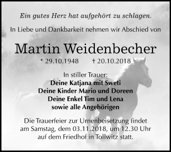 Traueranzeige von Martin Weidenbecher von WVG - Wochenspiegel Merseburg