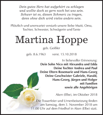 Traueranzeige von Martina Hoppe von Mitteldeutsche Zeitung Köthen