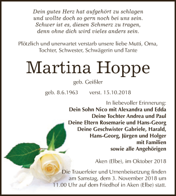 Traueranzeige von Martina Hoppe von WVG - Wochenspiegel Dessau / Köthen