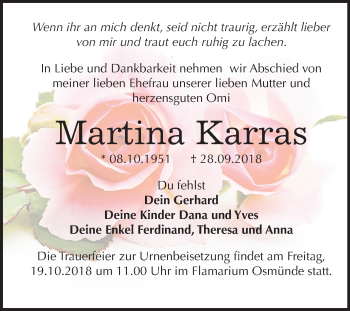 Traueranzeige von Martina Karras von Mitteldeutsche Zeitung Halle/Saalkreis