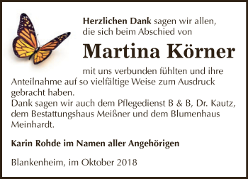 Traueranzeige von Martina Körner von Super Sonntag SGH Mansf. Land