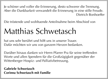 Traueranzeige von Matthias Schwetasch von Mitteldeutsche Zeitung