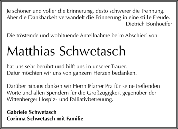 Traueranzeige von Matthias Schwetasch von WVG - Wochenspiegel Wittenberg