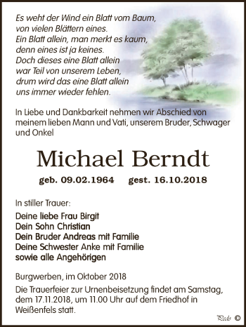 Traueranzeige von Michael Berndt von WVG - Wochenspiegel NMB / WSF / ZTZ