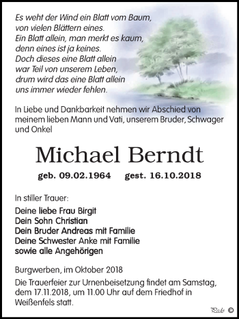 Traueranzeige von Michael Berndt von Mitteldeutsche Zeitung Weißenfels