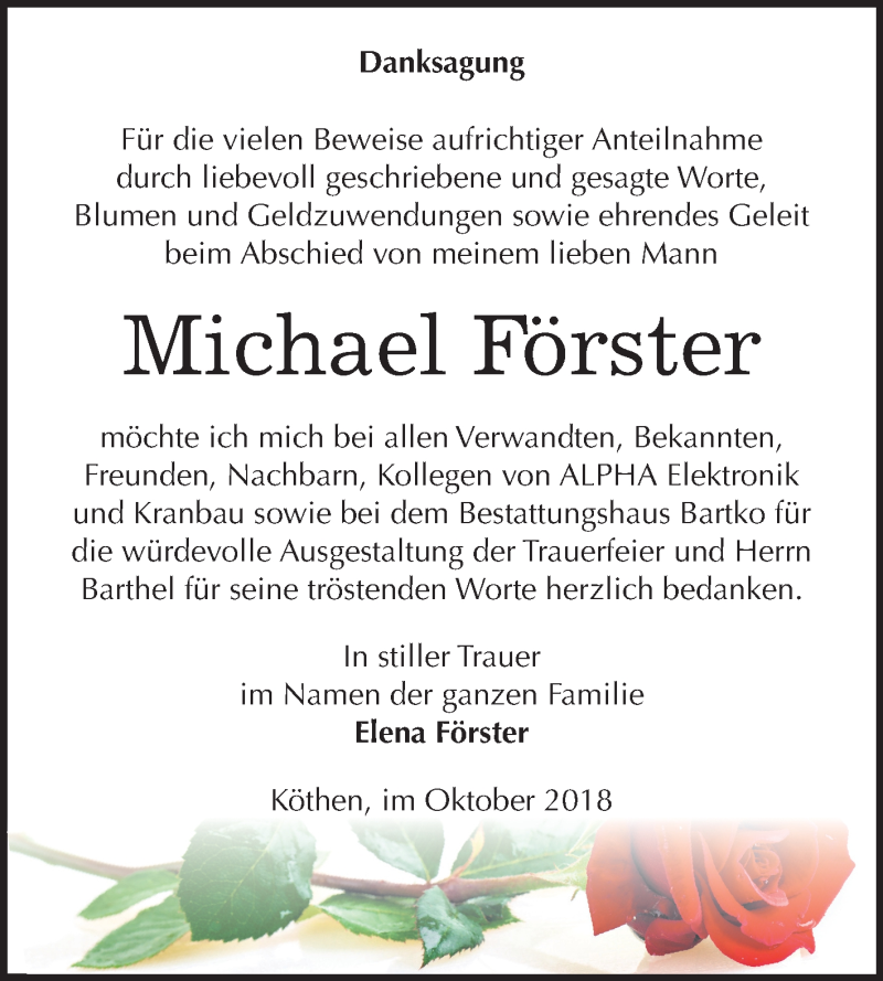  Traueranzeige für Michael Förster vom 06.10.2018 aus Mitteldeutsche Zeitung Köthen