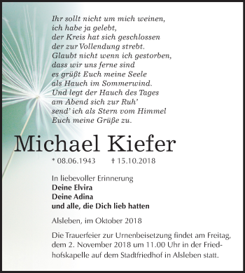 Traueranzeige von Michael Kiefer von Mitteldeutsche Zeitung