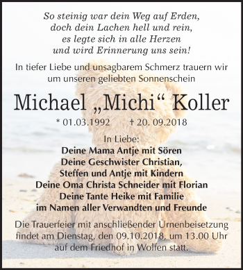 Traueranzeige von Michael Koller von Mitteldeutsche Zeitung Bitterfeld