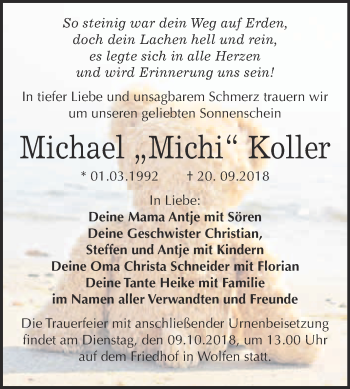 Traueranzeige von Michael Koller von WVG - Wochenspiegel Bitterfeld