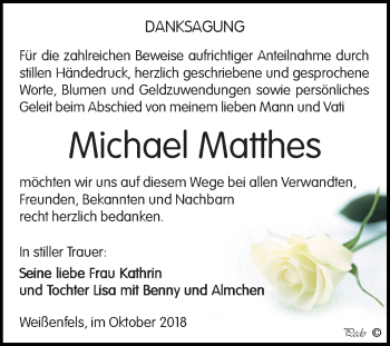 Traueranzeige von Michael Matthes von Mitteldeutsche Zeitung Weißenfels