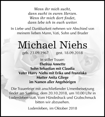 Traueranzeige von Michael Niehs von Mitteldeutsche Zeitung Merseburg/Querfurt