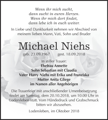 Traueranzeige von Michael Niehs von WVG - Wochenspiegel Merseburg