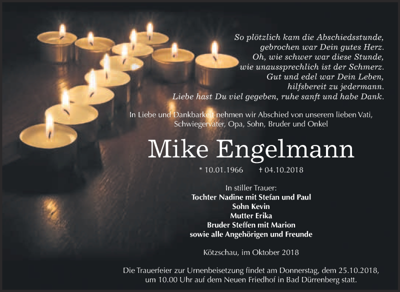  Traueranzeige für Mike Engelmann vom 13.10.2018 aus Super Sonntag Merseburg