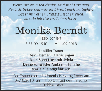 Traueranzeige von Monika Berndt von WVG - Wochenspiegel Bitterfeld
