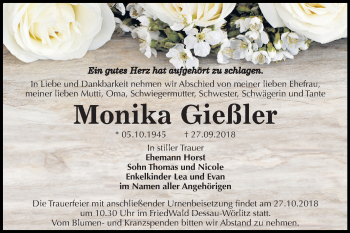 Traueranzeige von Monika Gießler von Mitteldeutsche Zeitung