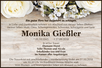 Traueranzeige von Monika Gießler von WVG - Wochenspiegel Dessau / Köthen