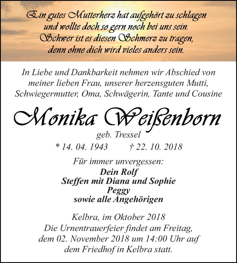  Traueranzeige für Monika Weißenborn vom 27.10.2018 aus Mitteldeutsche Zeitung