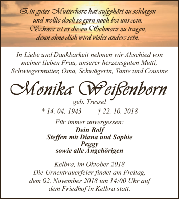 Traueranzeige von Monika Weißenborn von Super Sonntag SGH Mansf. Land