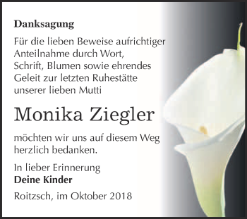 Traueranzeige von Monika Ziegler von WVG - Wochenspiegel Bitterfeld