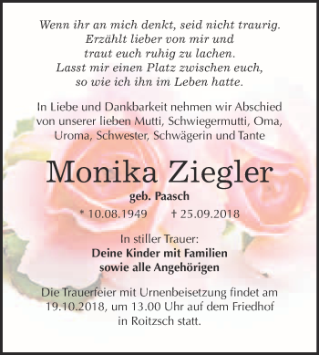 Traueranzeige von Monika Ziegler von WVG - Wochenspiegel Bitterfeld