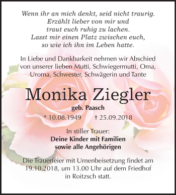 Traueranzeige von Monika Ziegler von Mitteldeutsche Zeitung Bitterfeld