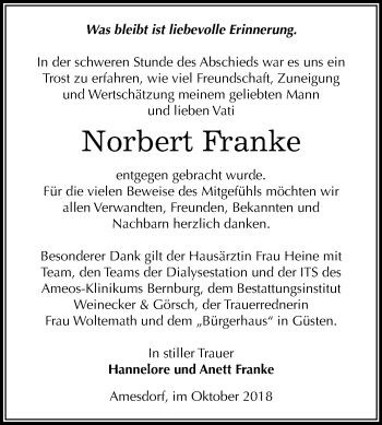 Traueranzeige von Norbert Franke von Mitteldeutsche Zeitung Bernburg