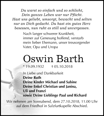 Traueranzeige von Oswin Barth von Mitteldeutsche Zeitung Bitterfeld