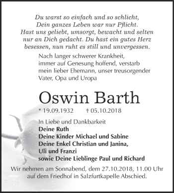 Traueranzeige von Oswin Barth von WVG - Wochenspiegel Bitterfeld