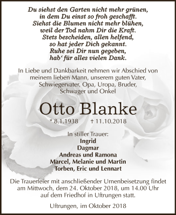 Traueranzeige von Otto Blanke von Super Sonntag SGH Mansf. Land