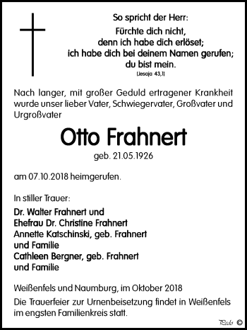 Traueranzeige von Otto Frahnert von Mitteldeutsche Zeitung Weißenfels