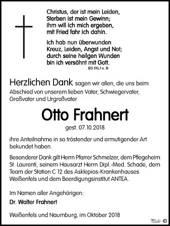 Traueranzeige von Otto Frahnert von Mitteldeutsche Zeitung Weißenfels