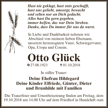 Traueranzeige von Otto Glück von WVG - Wochenspiegel Dessau / Köthen