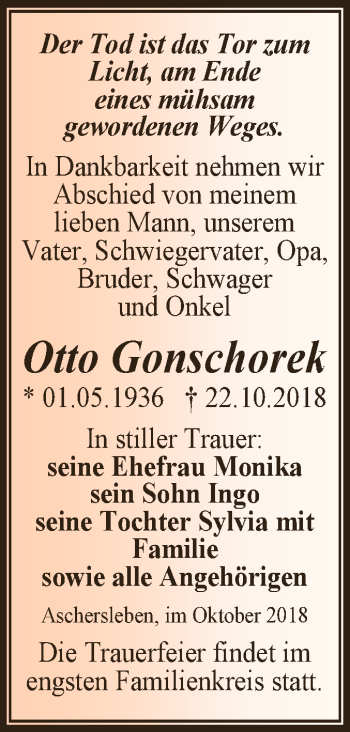 Traueranzeige von Otto Gonschorek von Super Sonntag Aschersleben