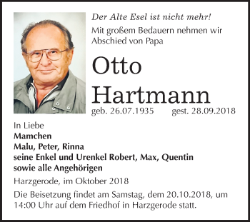Traueranzeige von Otto Hartmann von Mitteldeutsche Zeitung Quedlinburg