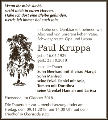 Traueranzeige von Paul Kruppa von WVG - Wochenspiegel NMB / WSF / ZTZ