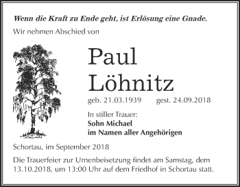 Traueranzeige von Paul Löhnitz von WVG - Wochenspiegel Merseburg