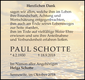 Traueranzeige von Paul Schotte von Mitteldeutsche Zeitung Halle/Saalkreis