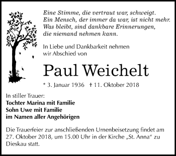 Traueranzeige von Paul Weichelt von Mitteldeutsche Zeitung Halle/Saalkreis