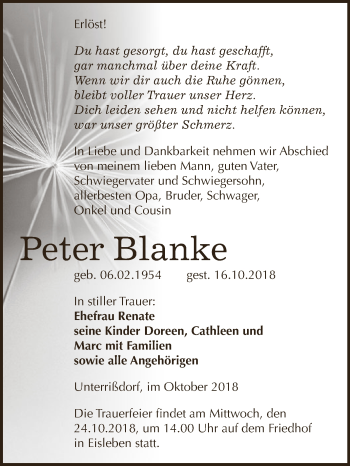 Traueranzeige von Peter Blanke von Super Sonntag SGH Mansf. Land